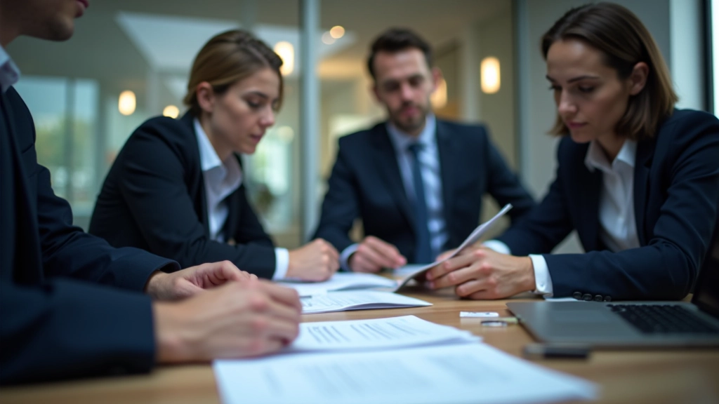 Professional workspace with multiple team members collaborating around financial reports and analysis documents