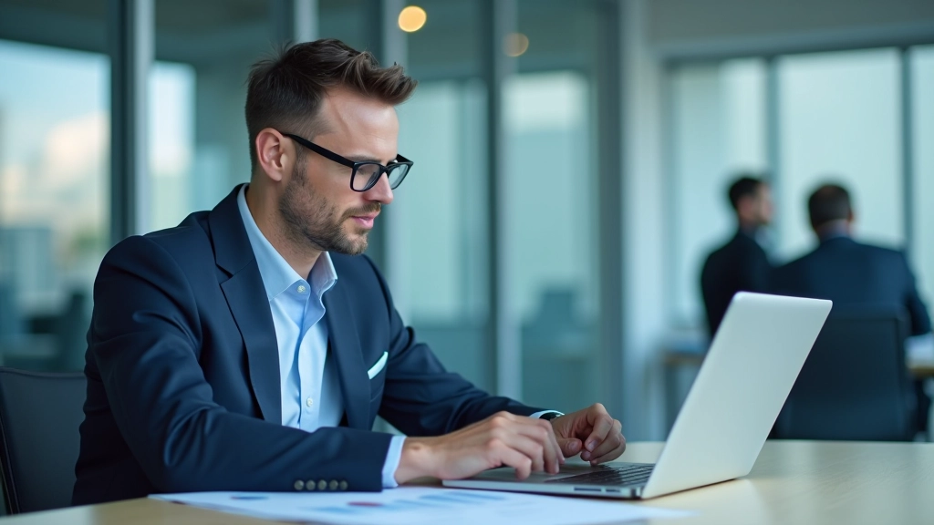 Financial analyst at desk reviewing query results on laptop screen with printed reports nearby