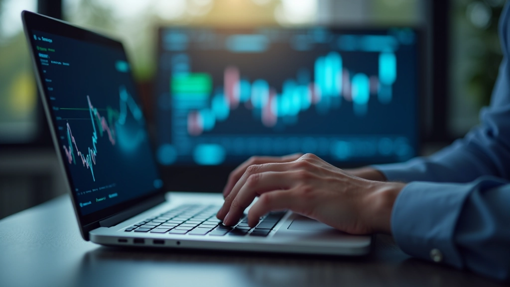 Close-up of hands typing on laptop keyboard with financial dashboard visible on screen