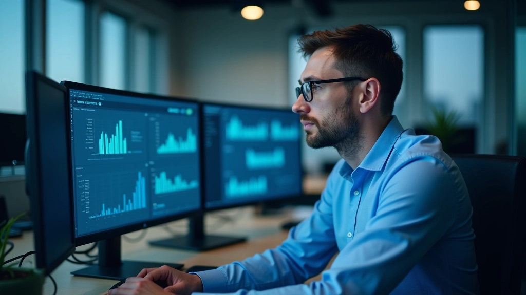 Analyst sitting at desk reviewing financial dashboard with multiple colored metrics and KPI cards on screen