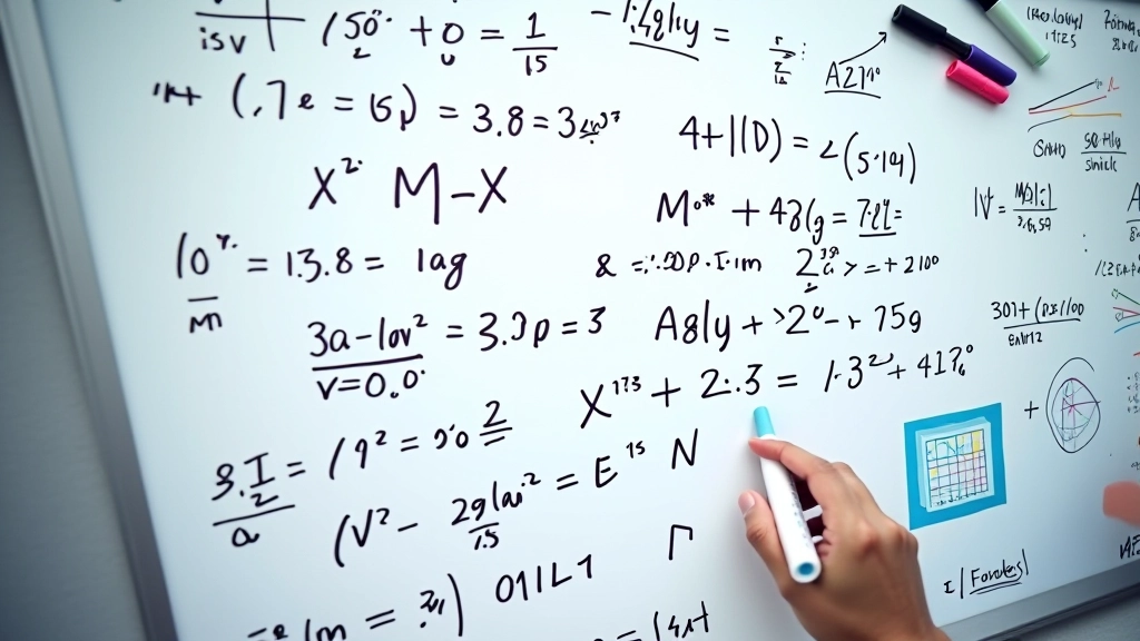 Whiteboard with hand-drawn metric formulas and calculation notes with markers and sketches showing metric design process