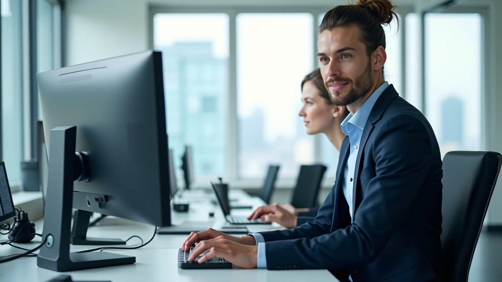 Two professionals reviewing financial dashboard and metrics on large monitor in collaborative setting