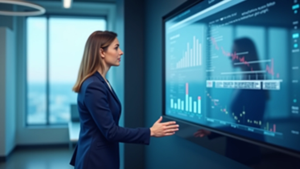 Team meeting in boardroom with large screen displaying interactive dashboard